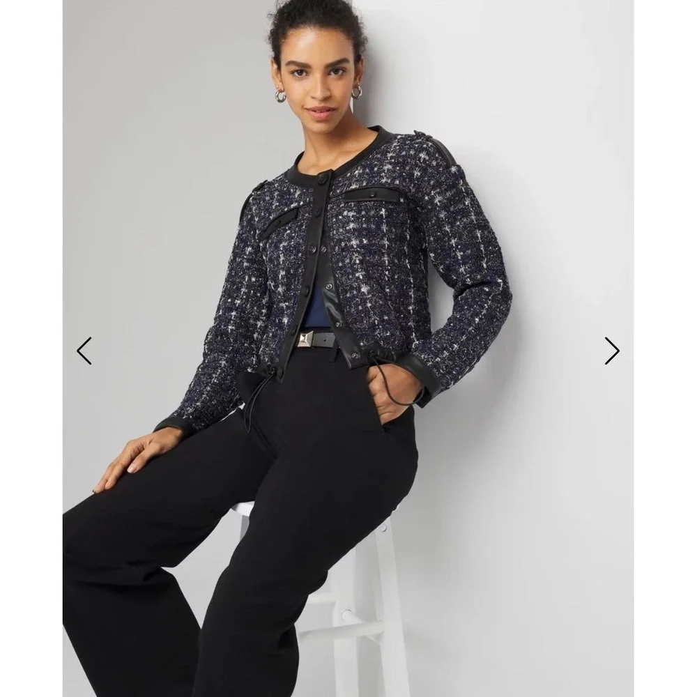 White House Black Market Cropped Tweed Sweater Jacket Small Edgy‎ Chic Academia